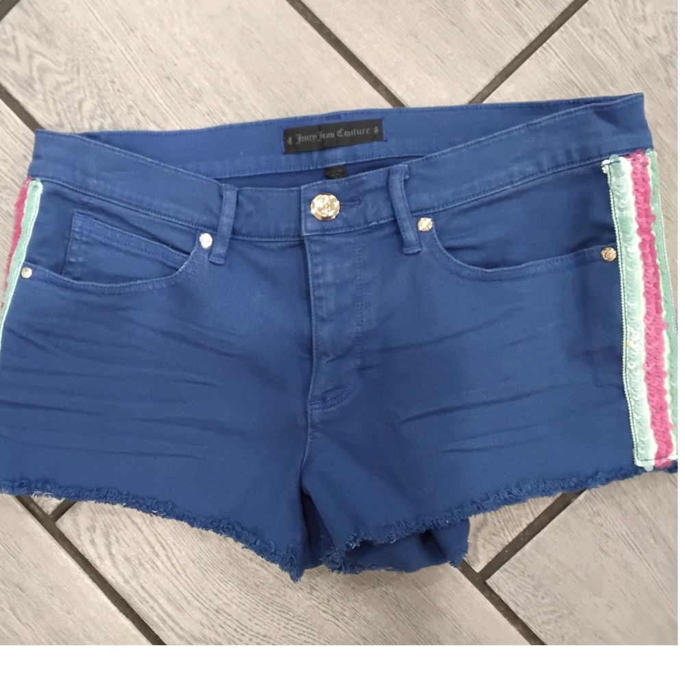 Juicy Couture Blue Denim Cut Off Shorts Side Stripe‎ Logo Size 29